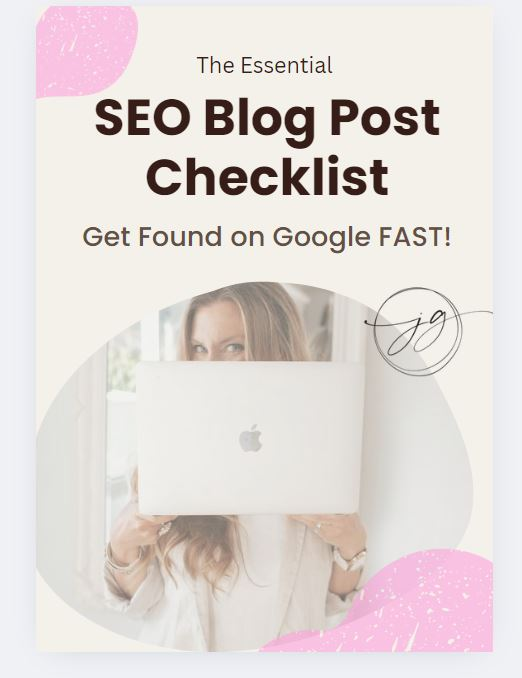SEO Blog Essentials Checklist and Jo behind a laptop
